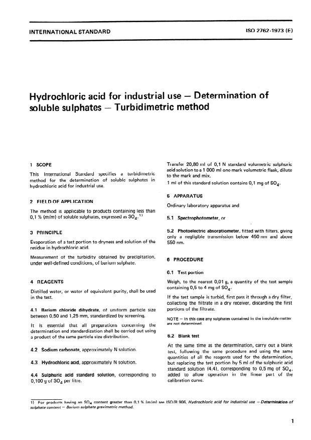 ISO 2762:1973 - Hydrochloric acid for industrial use -- Determination of soluble sulphates -- Turbidimetric method