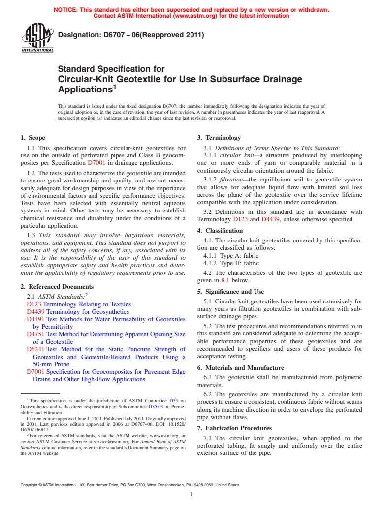 ASTM D6707-06(2011) - Standard Specification for Circular-Knit Geotextile for Use in Subsurface Drainage Applications