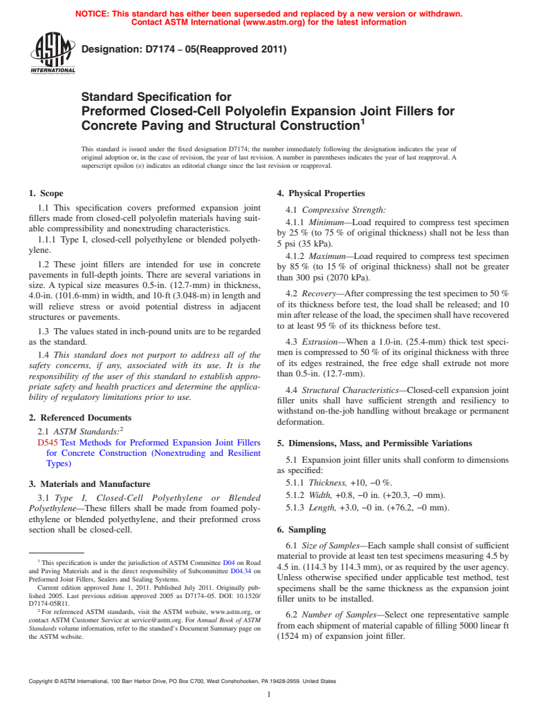 ASTM D7174-05(2011) - Standard Specification for Preformed Closed-Cell Polyolefin Expansion Joint Fillers for Concrete Paving and Structural Construction