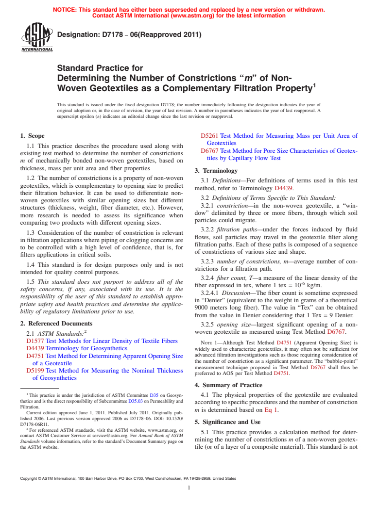 ASTM D7178-06(2011) - Standard Practice for Determining the Number of Constrictions "<bdit>m</bdit>" of Non-Woven Geotextiles as a Complementary Filtration Property