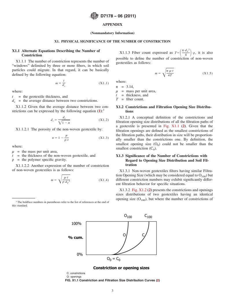 ASTM D7178-06(2011) - Standard Practice for Determining the Number of Constrictions "<bdit>m</bdit>" of Non-Woven Geotextiles as a Complementary Filtration Property