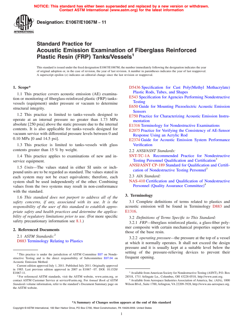 ASTM E1067/E1067M-11 - Standard Practice for Acoustic Emission Examination of Fiberglass Reinforced Plastic Resin (FRP) Tanks/Vessels