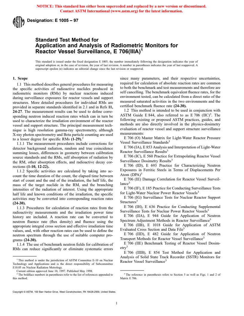 ASTM E1005-97 - Standard Test Method for Application and Analysis of Radiometric Monitors for Reactor Vessel Surveillance, E 706(IIIA)