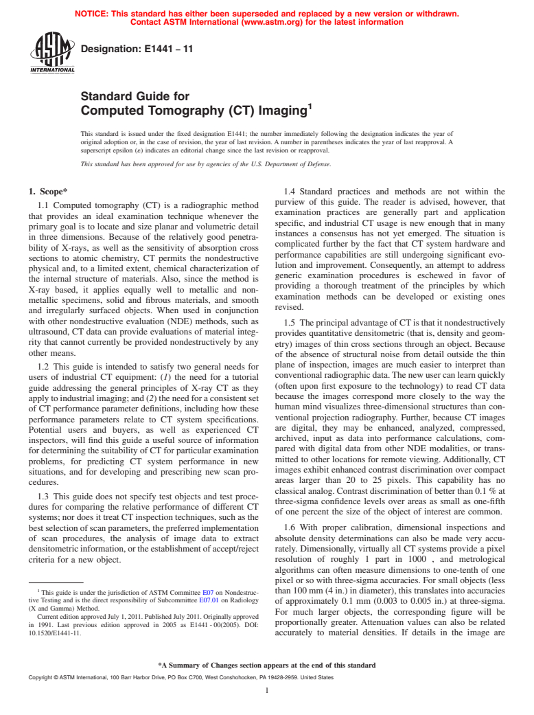 ASTM E1441-11 - Standard Guide for Computed Tomography (CT) Imaging