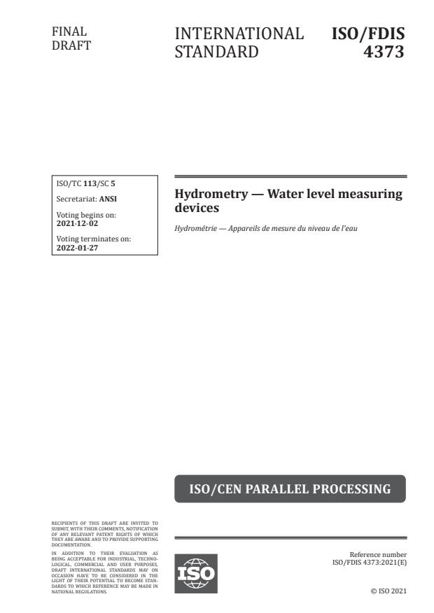 ISO/FDIS 4373 - Hydrometry -- Water level measuring devices