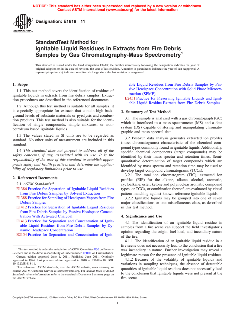 ASTM E1618-11 - Standard Test Method for Ignitable Liquid Residues in Extracts from Fire Debris Samples by Gas Chromatography-Mass Spectrometry