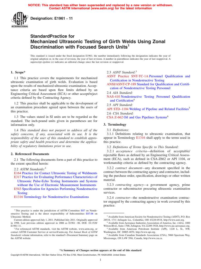 ASTM E1961-11 - Standard Practice for Mechanized Ultrasonic Testing of Girth Welds Using Zonal Discrimination with Focused Search Units