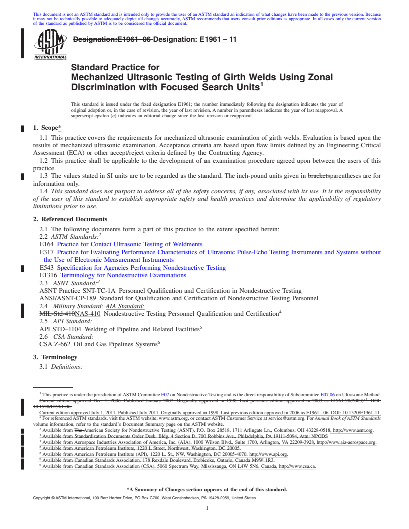 REDLINE ASTM E1961-11 - Standard Practice for Mechanized Ultrasonic Testing of Girth Welds Using Zonal Discrimination with Focused Search Units