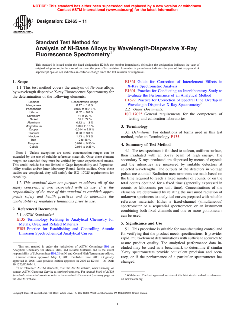 ASTM E2465-11 - Standard Test Method for Analysis of Ni-Base Alloys by Wavelength-Dispersive X-Ray Fluorescence Spectrometry