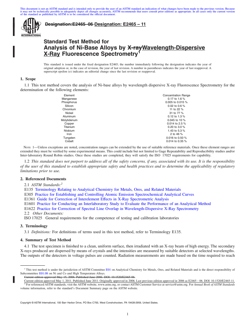 REDLINE ASTM E2465-11 - Standard Test Method for Analysis of Ni-Base Alloys by Wavelength-Dispersive X-Ray Fluorescence Spectrometry