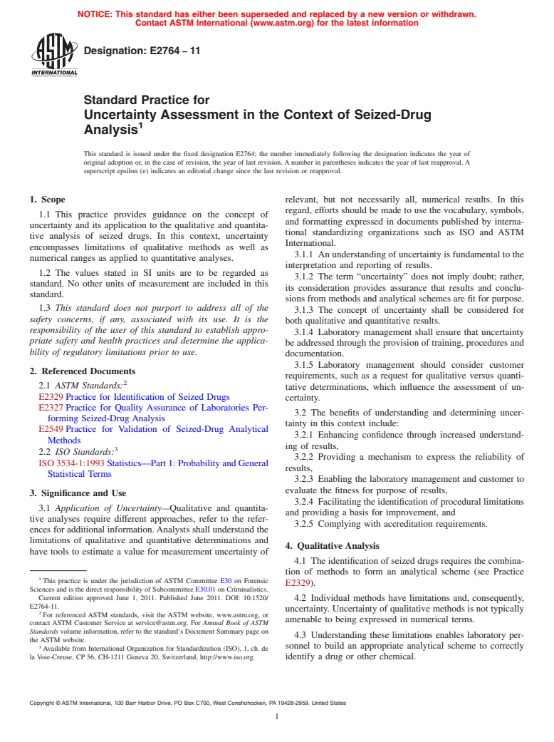 ASTM E2764-11 - Standard Practice for Uncertainty Assessment in the Context of Seized-Drug Analysis (Withdrawn 2020)