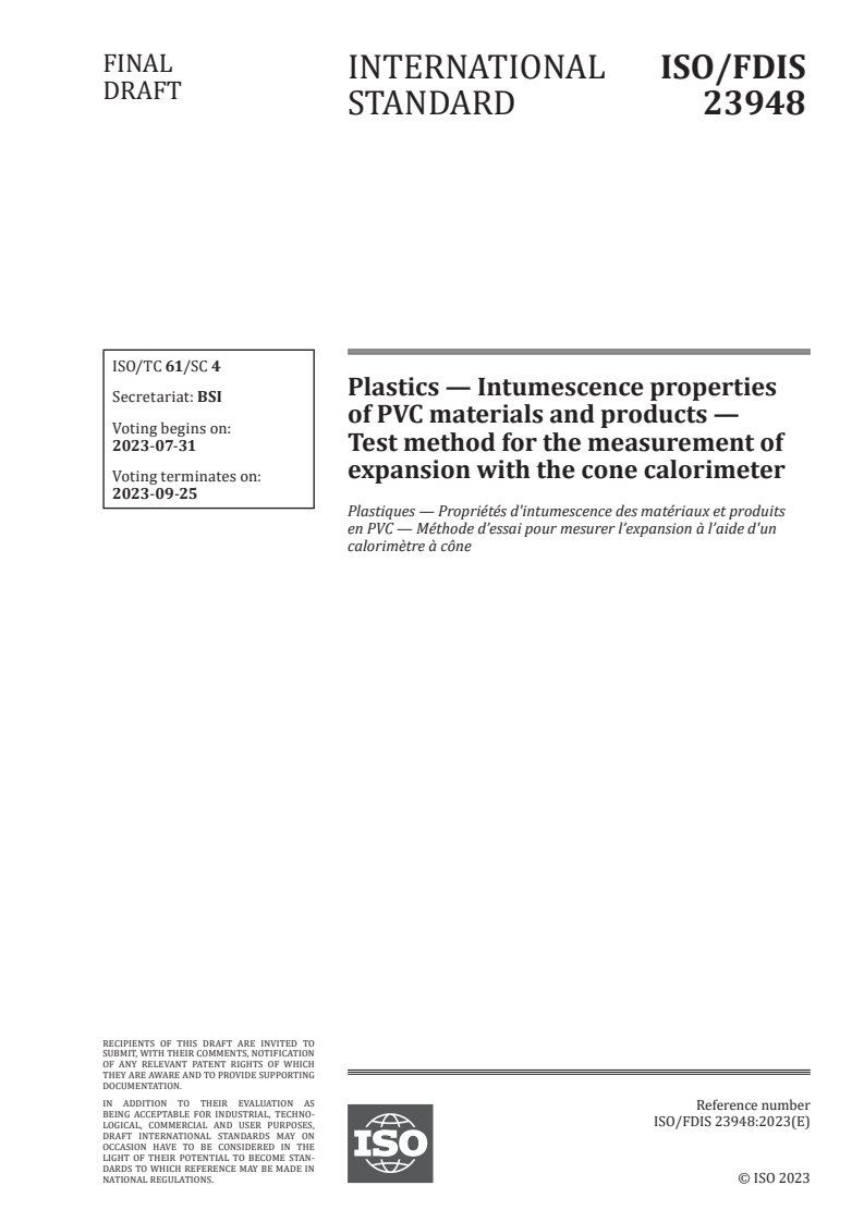 ISO 23948 - Plastics — Intumescence properties of PVC materials and products — Test method for the measurement of expansion with the cone calorimeter
Released:17. 07. 2023