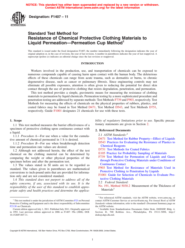 ASTM F1407-11 - Standard Test Method for Resistance of Chemical Protective Clothing Materials to Liquid Permeation-Permeation Cup Method