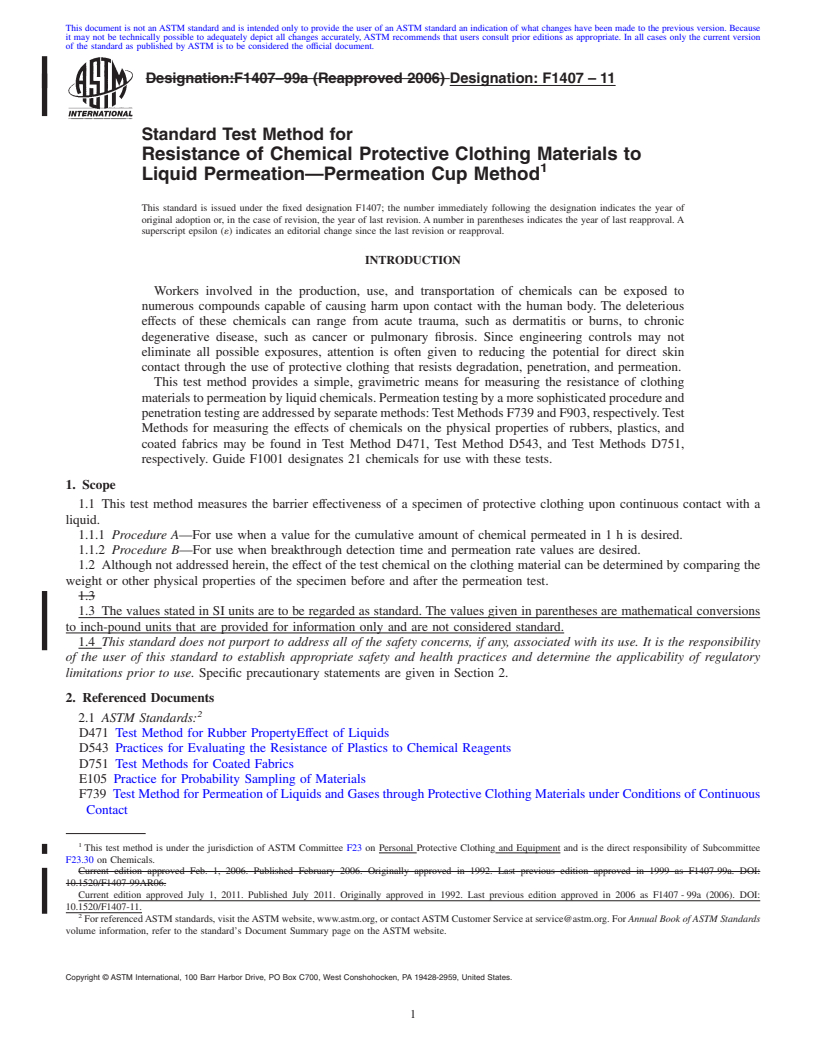 REDLINE ASTM F1407-11 - Standard Test Method for Resistance of Chemical Protective Clothing Materials to Liquid Permeation-Permeation Cup Method