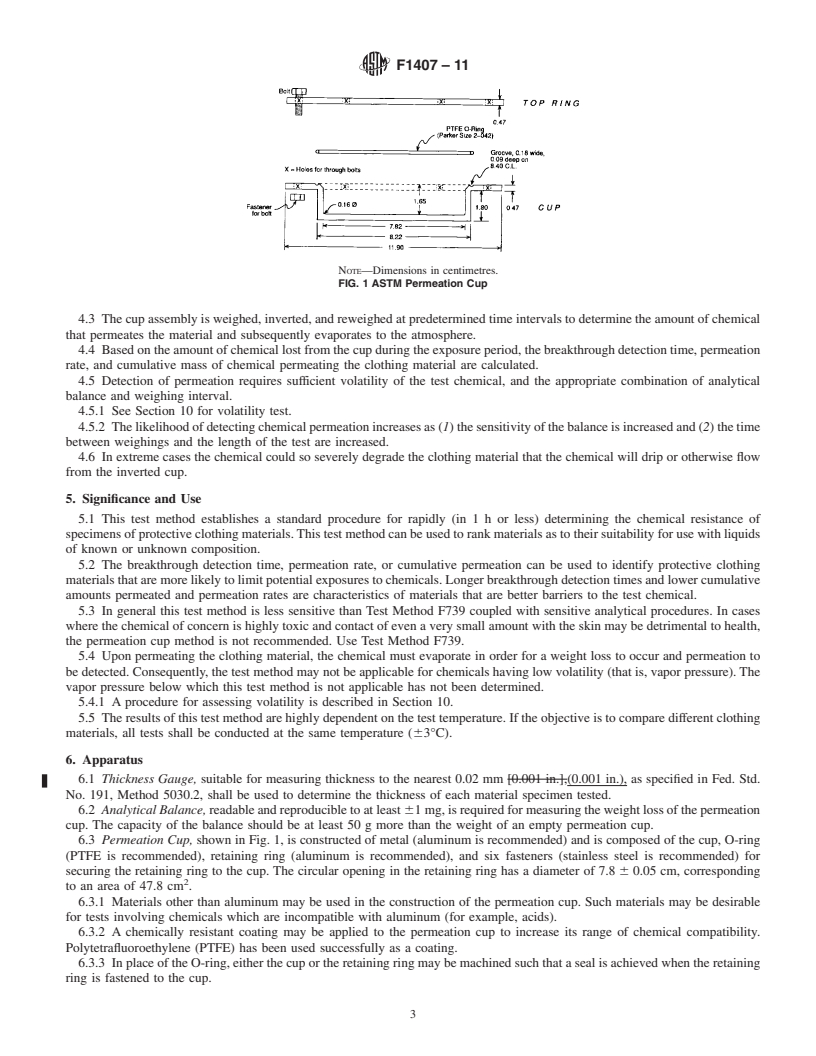 REDLINE ASTM F1407-11 - Standard Test Method for Resistance of Chemical Protective Clothing Materials to Liquid Permeation-Permeation Cup Method