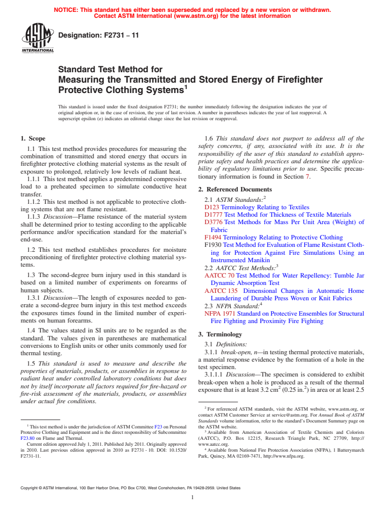 ASTM F2731-11 - Standard Test Method for Measuring the Transmitted and Stored Energy of Firefighter Protective Clothing Systems