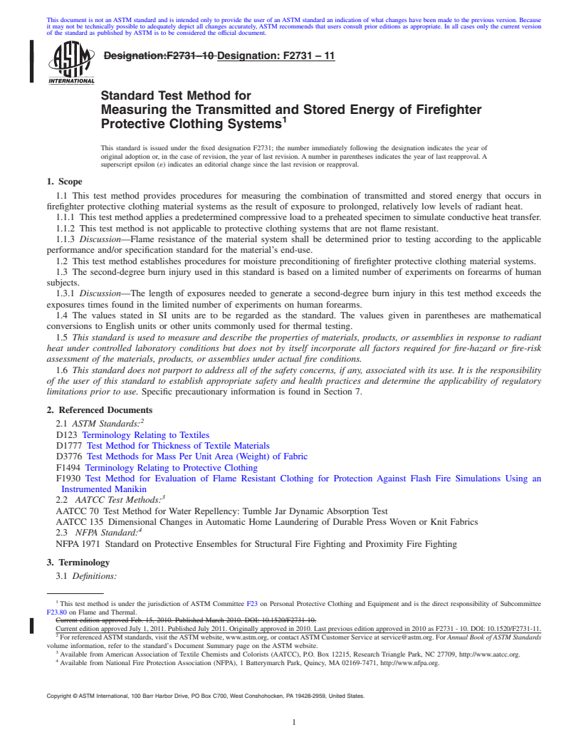 REDLINE ASTM F2731-11 - Standard Test Method for Measuring the Transmitted and Stored Energy of Firefighter Protective Clothing Systems