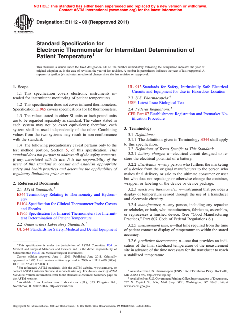 ASTM E1112-00(2011) - Standard Specification for Electronic Thermometer for Intermittent Determination of Patient Temperature