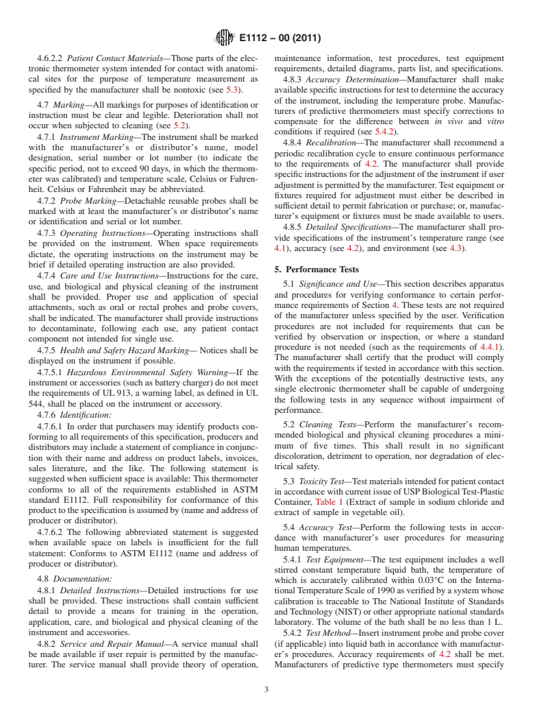 ASTM E1112-00(2011) - Standard Specification for Electronic Thermometer for Intermittent Determination of Patient Temperature