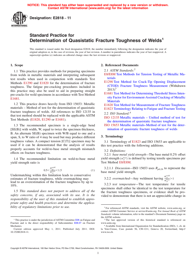 ASTM E2818-11 - Standard Practice for Determination of Quasistatic Fracture Toughness of Welds