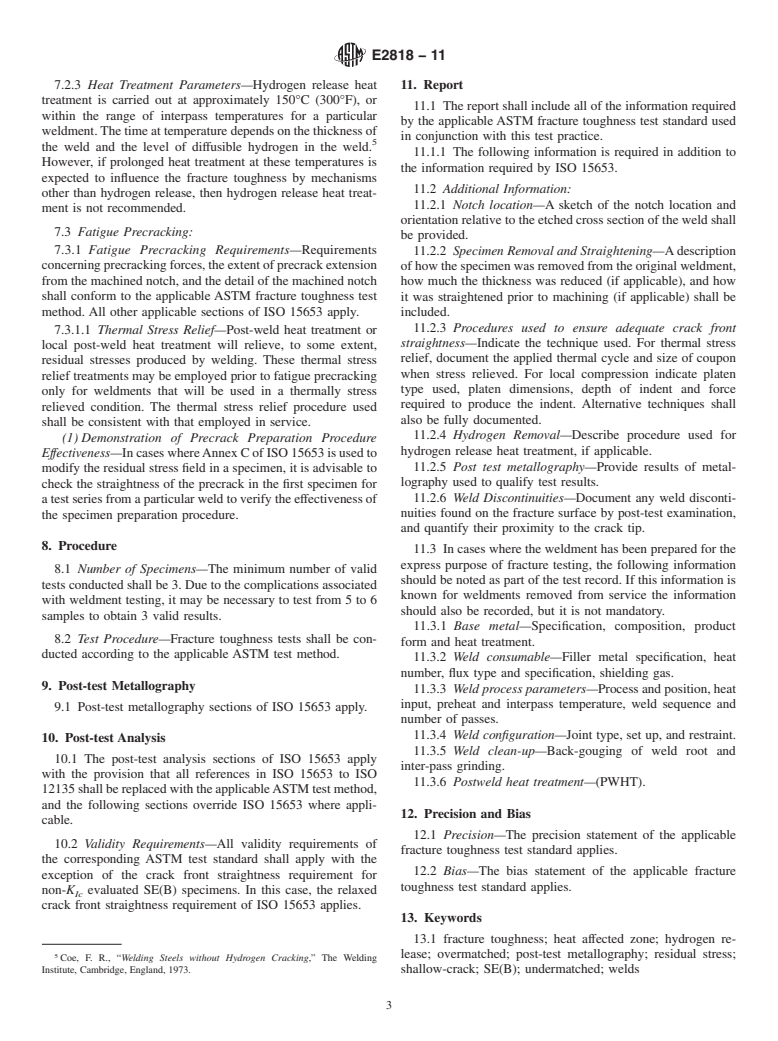 ASTM E2818-11 - Standard Practice for Determination of Quasistatic Fracture Toughness of Welds