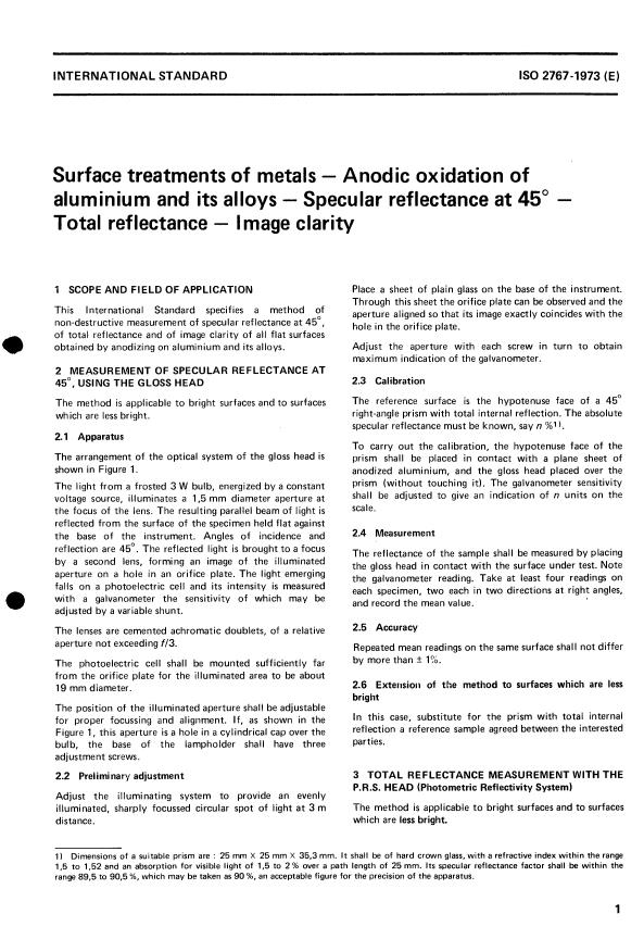 ISO 2767:1973 - Surface treatments of metals -- Anodic oxidation of aluminium and its alloys -- Specular reflectance at 45 degrees -- Total reflectance -- Image clarity