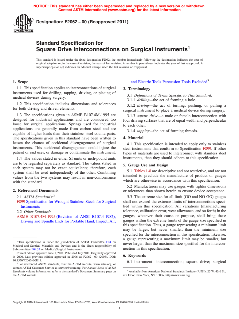 ASTM F2062-00(2011) - Standard Specification for Square Drive Interconnections on Surgical Instruments