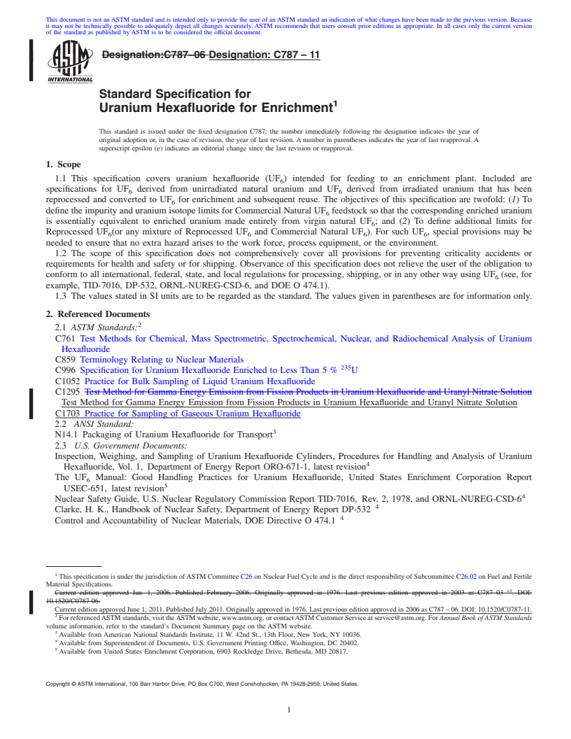 REDLINE ASTM C787-11 - Standard Specification for Uranium Hexafluoride for Enrichment