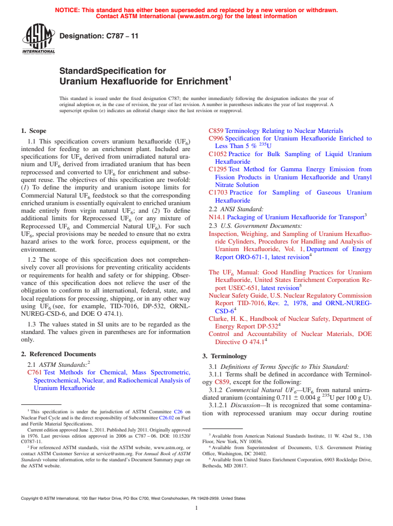 ASTM C787-11 - Standard Specification for Uranium Hexafluoride for Enrichment
