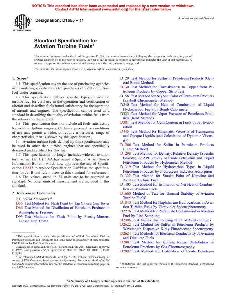 ASTM D1655-11 - Standard Specification for Aviation Turbine Fuels