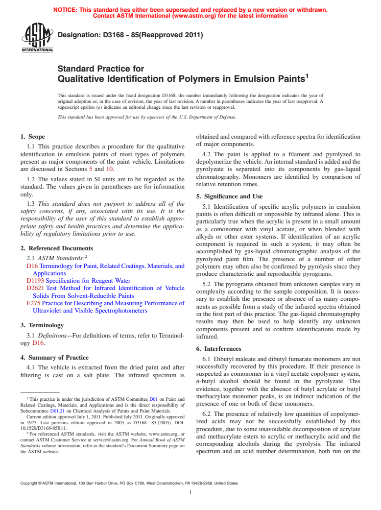 ASTM D3168-85(2011) - Standard Practice for Qualitative Identification of Polymers in Emulsion Paints