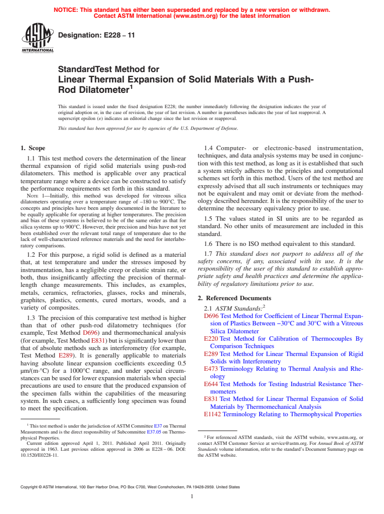 ASTM E228-11 - Standard Test Method for Linear Thermal Expansion of Solid Materials With a Push-Rod Dilatometer