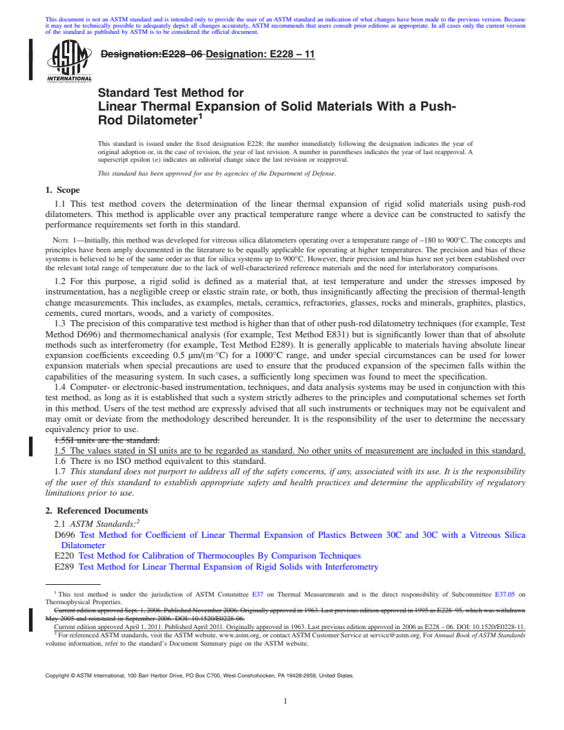 REDLINE ASTM E228-11 - Standard Test Method for Linear Thermal Expansion of Solid Materials With a Push-Rod Dilatometer