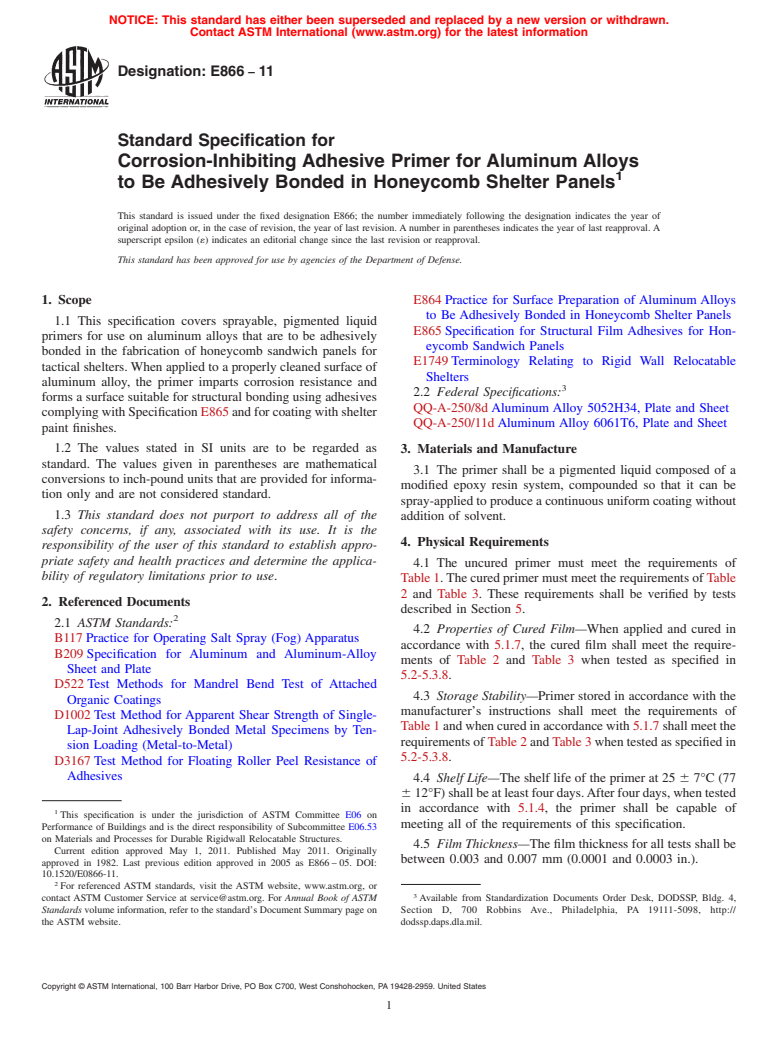 ASTM E866-11 - Standard Specification for Corrosion-Inhibiting Adhesive Primer for Aluminum Alloys to Be Adhesively Bonded in Honeycomb Shelter Panels