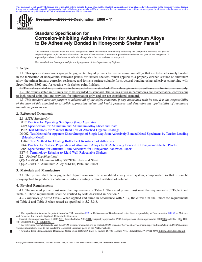 REDLINE ASTM E866-11 - Standard Specification for Corrosion-Inhibiting Adhesive Primer for Aluminum Alloys to Be Adhesively Bonded in Honeycomb Shelter Panels