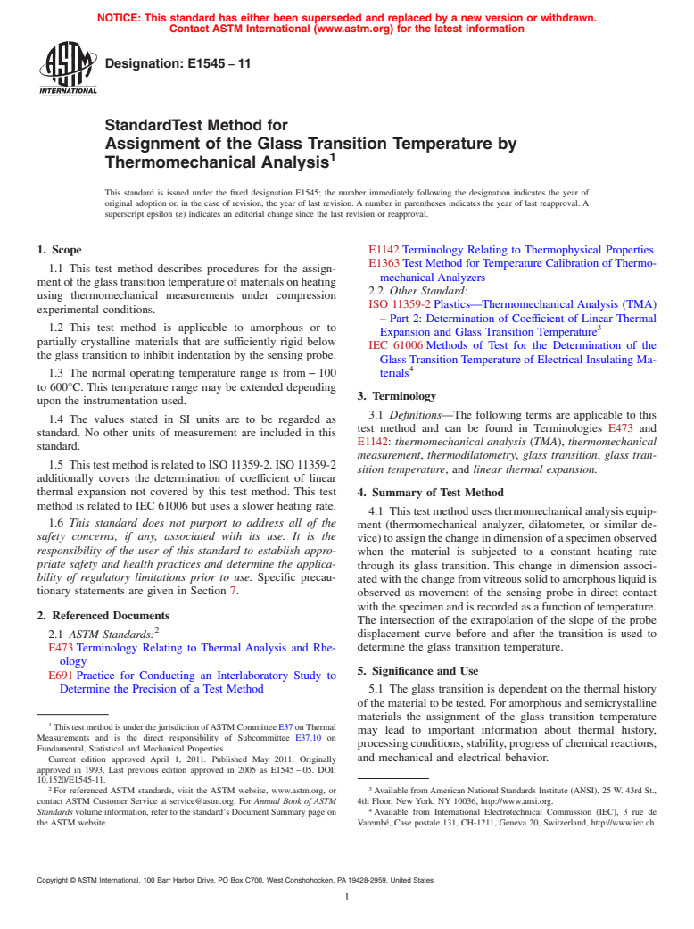 ASTM E1545-11 - Standard Test Method for Assignment of the Glass Transition Temperature by Thermomechanical Analysis