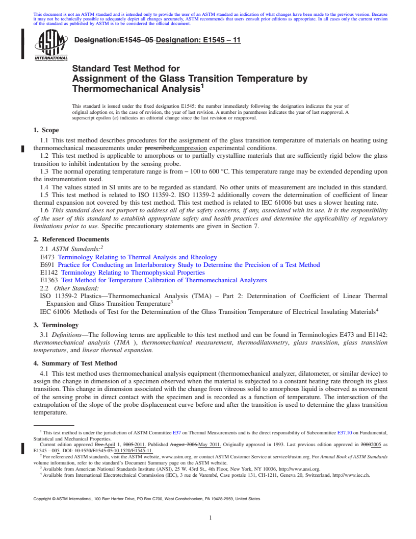 REDLINE ASTM E1545-11 - Standard Test Method for Assignment of the Glass Transition Temperature by Thermomechanical Analysis