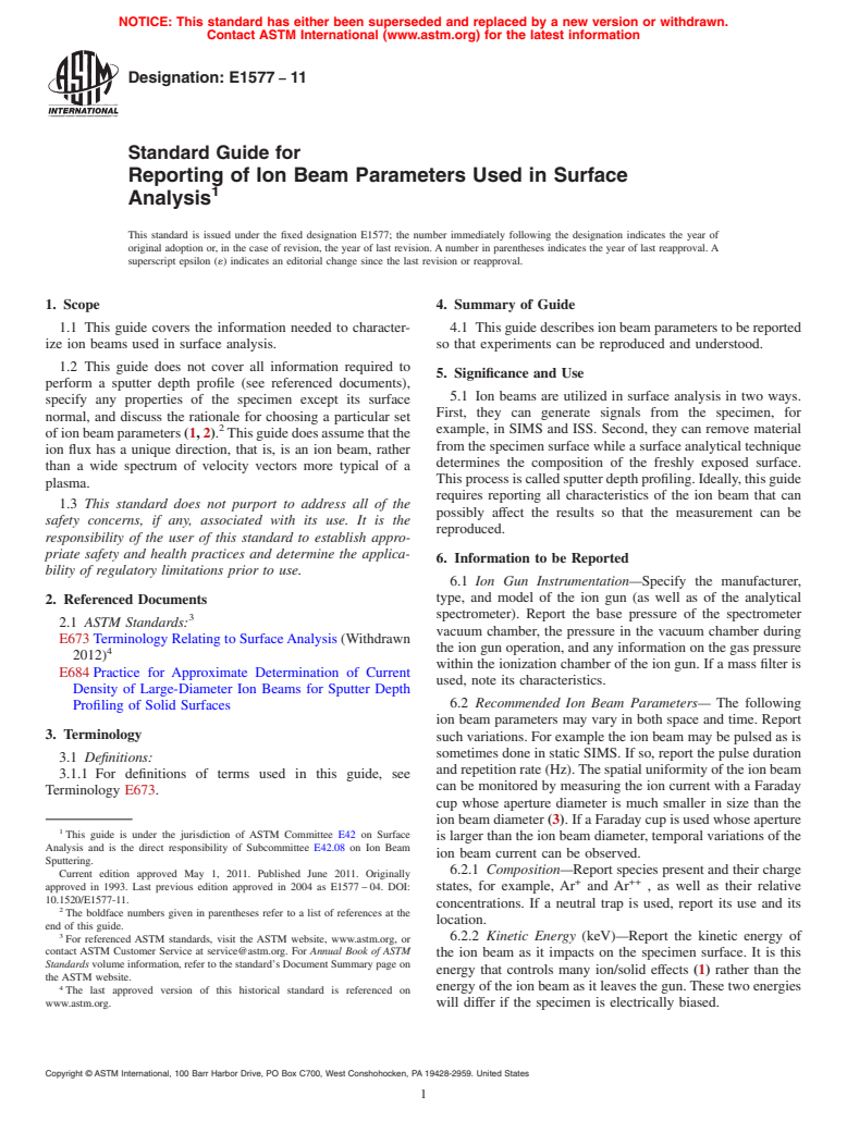 ASTM E1577-11 - Standard Guide for Reporting of Ion Beam Parameters Used in Surface Analysis (Withdrawn 2020)