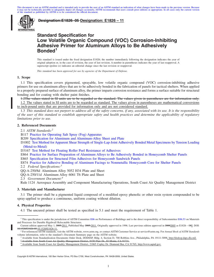 REDLINE ASTM E1826-11 - Standard Specification for Low Volatile Organic Compound (VOC) Corrosion-Inhibiting Adhesive Primer for Aluminum Alloys to Be Adhesively Bonded