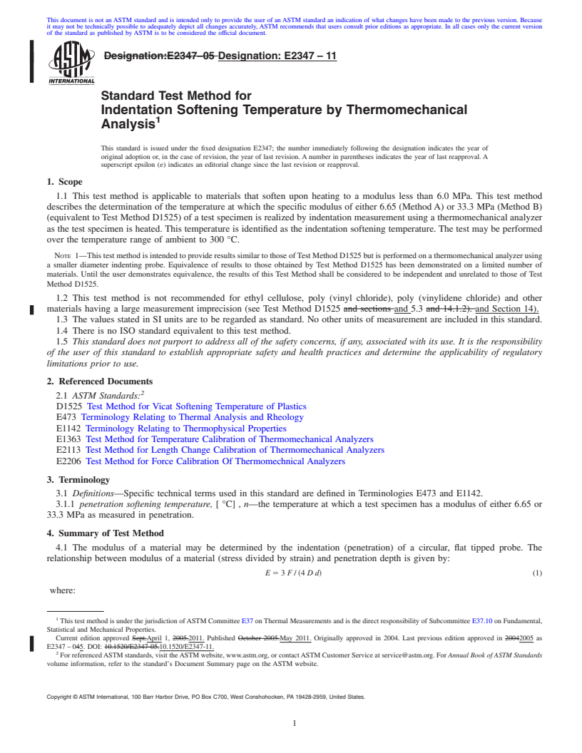 REDLINE ASTM E2347-11 - Standard Test Method for Indentation Softening Temperature by Thermomechanical Analysis