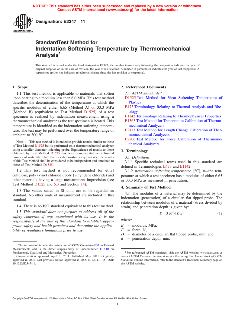 ASTM E2347-11 - Standard Test Method for Indentation Softening Temperature by Thermomechanical Analysis