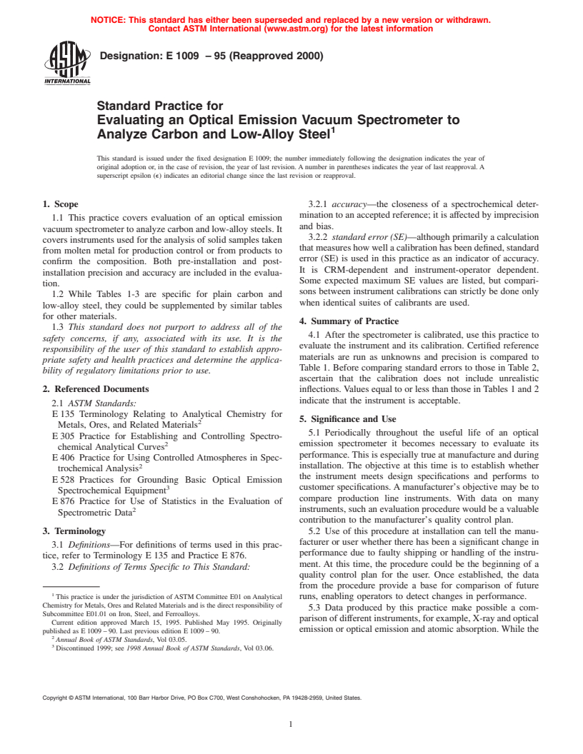 ASTM E1009-95(2000) - Standard Practice for Evaluating an Optical Emission Vacuum Spectrometer to Analyze Carbon and Low-Alloy Steel