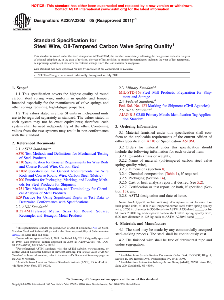 ASTM A230/A230M-05(2011)e1 - Standard Specification for  Steel Wire, Oil-Tempered Carbon Valve Spring Quality