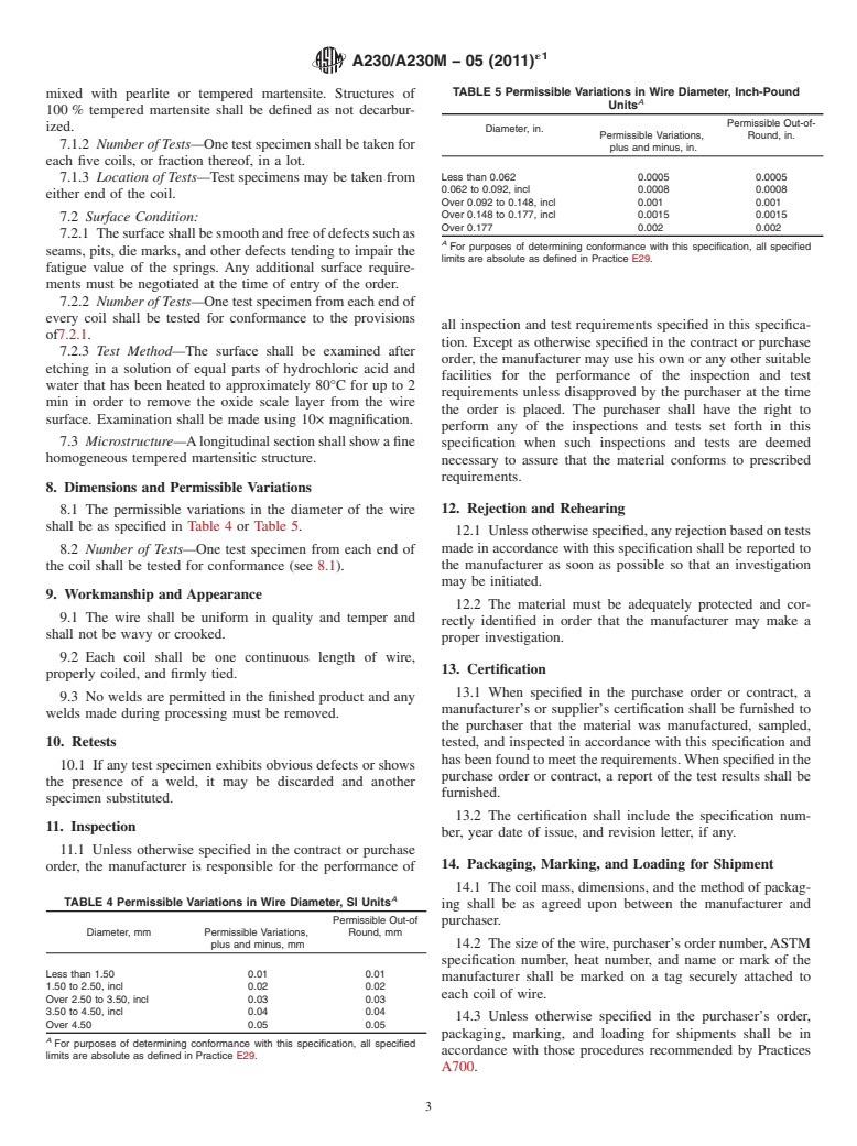 ASTM A230/A230M-05(2011)e1 - Standard Specification for  Steel Wire, Oil-Tempered Carbon Valve Spring Quality