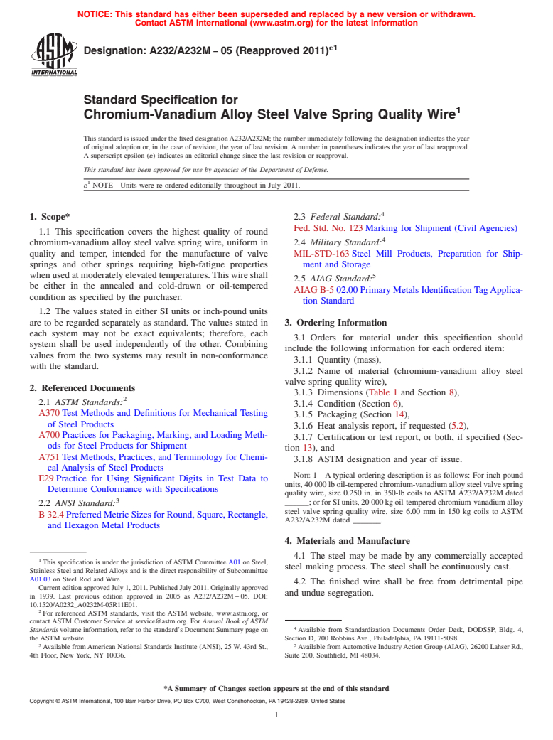 ASTM A232/A232M-05(2011)e1 - Standard Specification for Chromium-Vanadium Alloy Steel Valve Spring Quality Wire