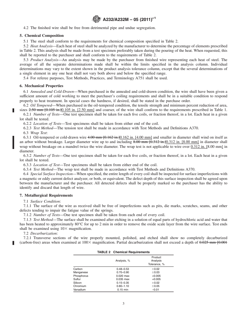 REDLINE ASTM A232/A232M-05(2011)e1 - Standard Specification for Chromium-Vanadium Alloy Steel Valve Spring Quality Wire