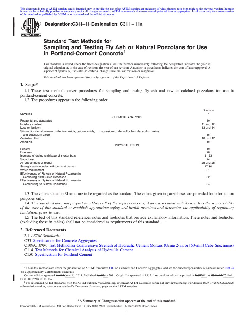 REDLINE ASTM C311-11a - Standard Test Methods for  Sampling and Testing Fly Ash or Natural Pozzolans for Use in Portland-Cement  Concrete