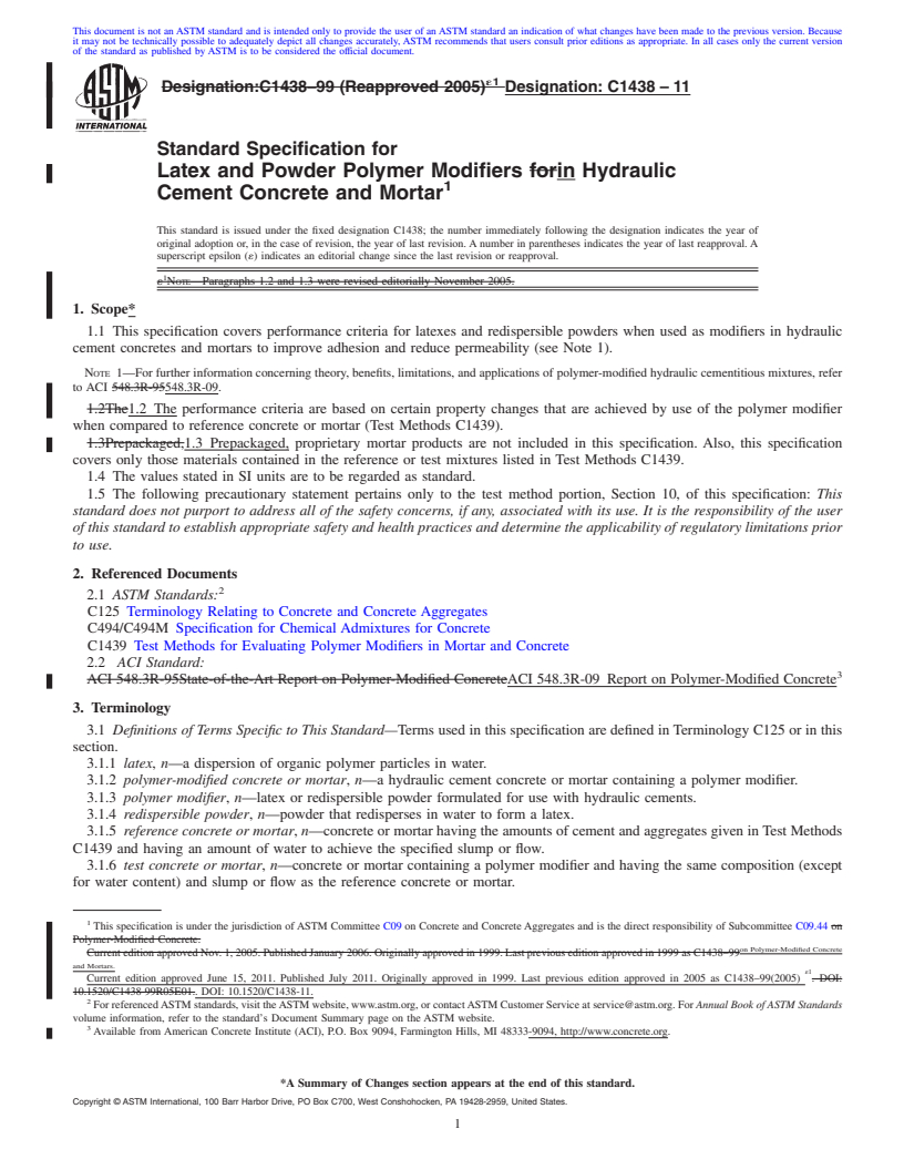 REDLINE ASTM C1438-11 - Standard Specification for Latex and Powder Polymer Modifiers in Hydraulic Cement Concrete and Mortar