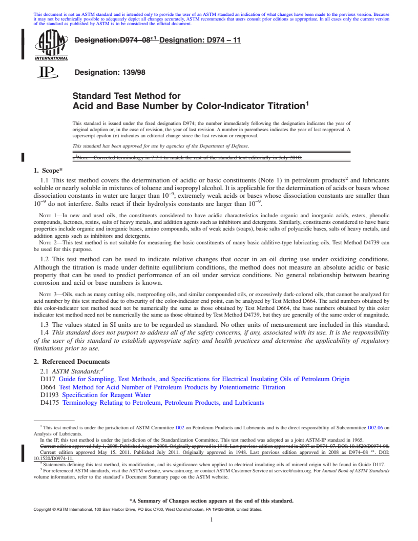 REDLINE ASTM D974-11 - Standard Test Method for Acid and Base Number by Color-Indicator Titration