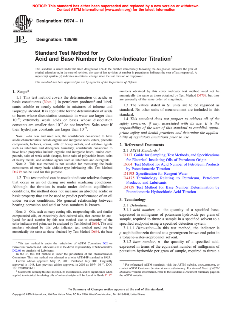 ASTM D974-11 - Standard Test Method for Acid and Base Number by Color-Indicator Titration